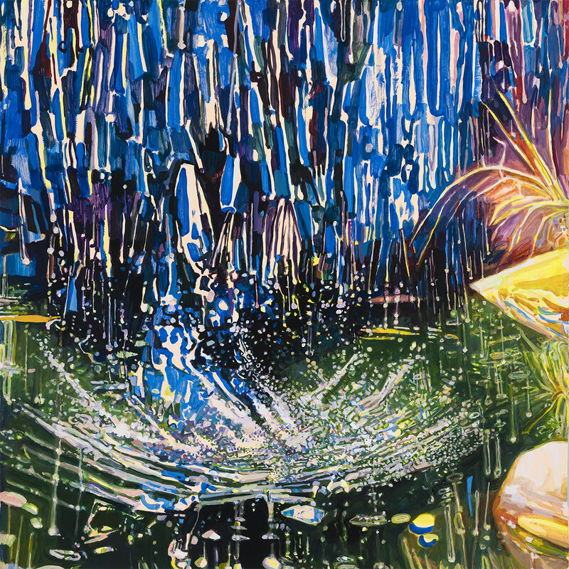 Vibrant abstract painting of brightly colored fish leaping from rippling water with splashes and reflections.