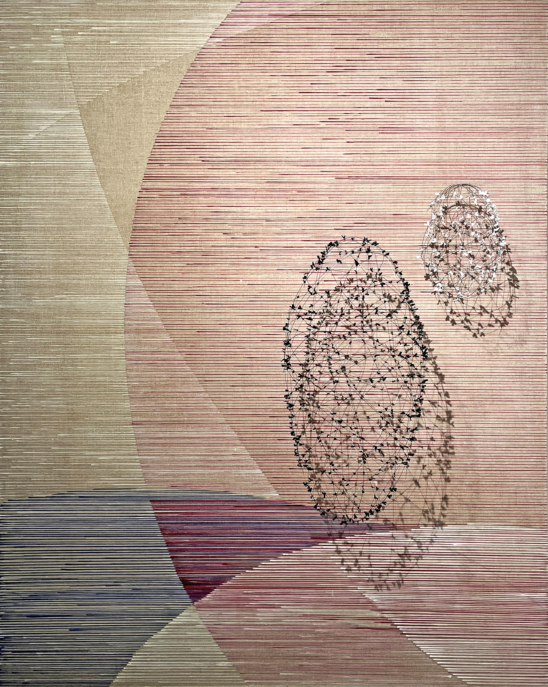 Abstract textured background with pink-beige horizontal lines and two wireframe egg shapes on the right, covered in small black star-like markings.